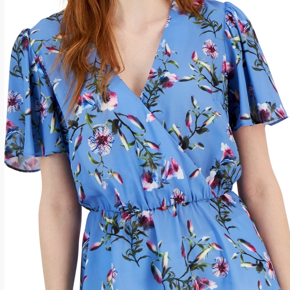 I.N.C Women's Blue Floral Flutter Sleeve Top Cottagecore Boho Romantic size  XL